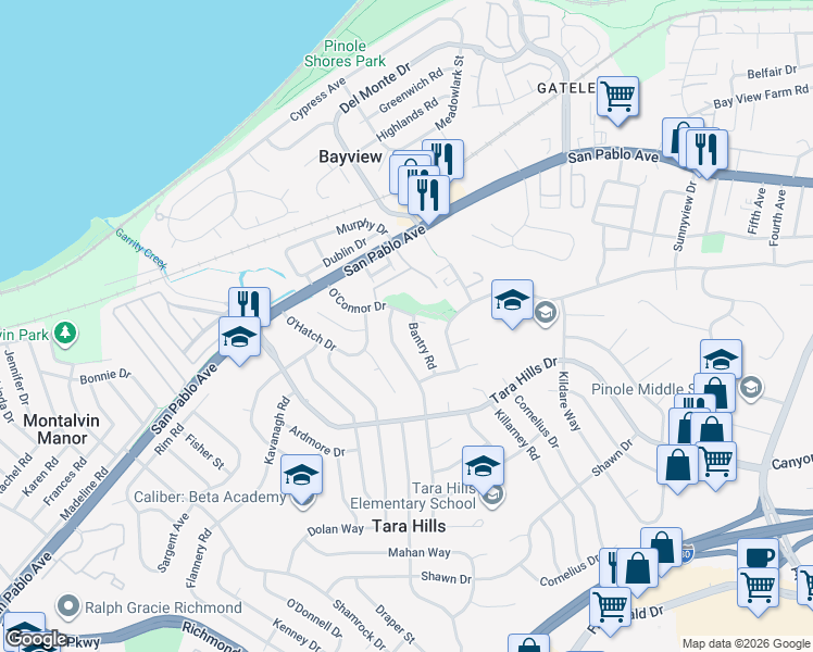 map of restaurants, bars, coffee shops, grocery stores, and more near 512 Bantry Road in Pinole