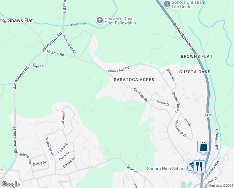 map of restaurants, bars, coffee shops, grocery stores, and more near 20848 Saratoga Road in Sonora