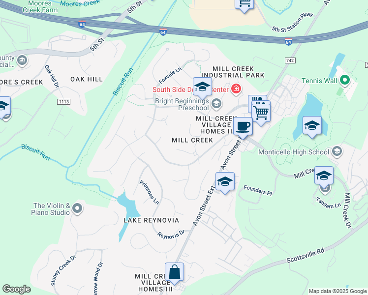 map of restaurants, bars, coffee shops, grocery stores, and more near 88 Mill Creek Court in Charlottesville