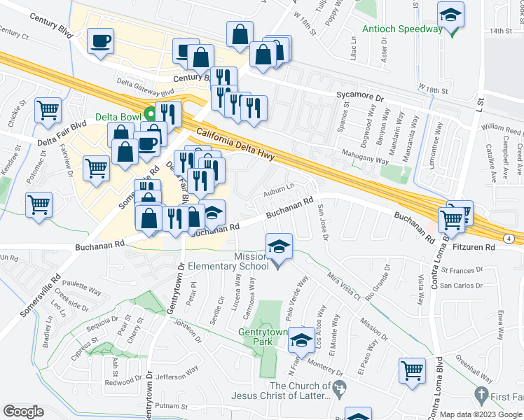 map of restaurants, bars, coffee shops, grocery stores, and more near 2604 Fairmont Lane in Antioch