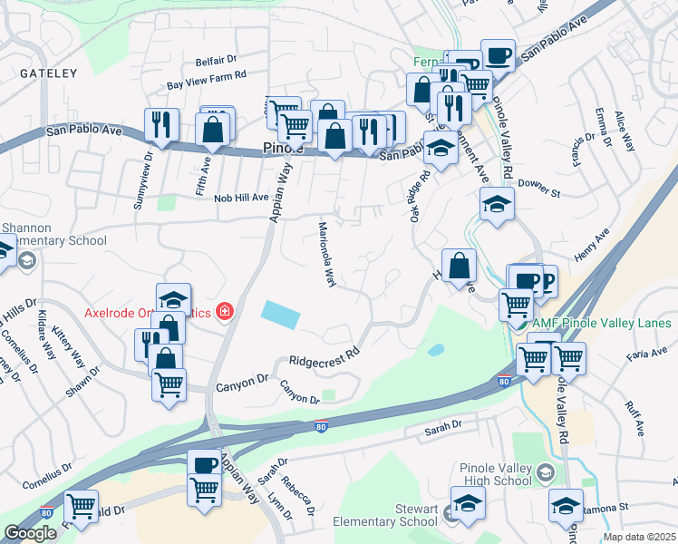 map of restaurants, bars, coffee shops, grocery stores, and more near 1219 Marionola Way in Pinole