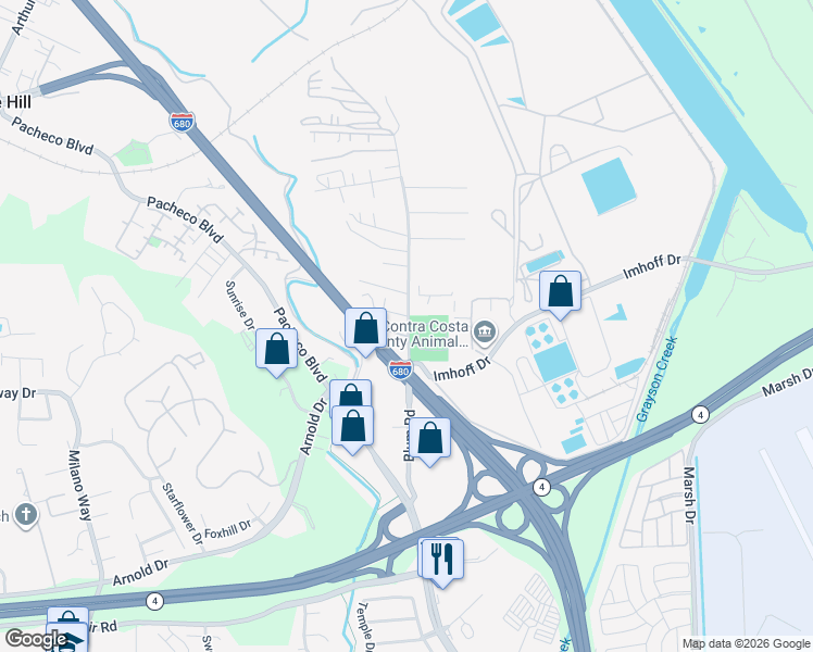 map of restaurants, bars, coffee shops, grocery stores, and more near 4800 Blum Road in Martinez