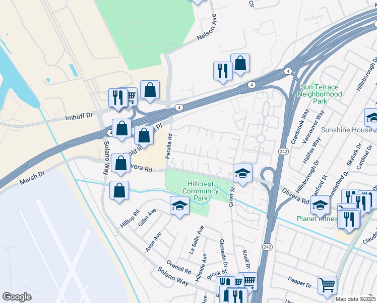 map of restaurants, bars, coffee shops, grocery stores, and more near 2031 Dalis Drive in Concord