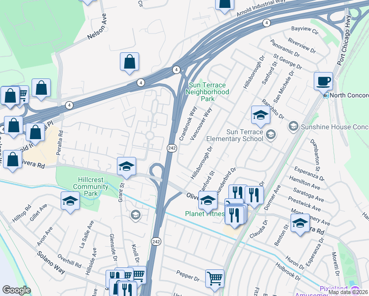 map of restaurants, bars, coffee shops, grocery stores, and more near 2213 Vancouver Way in Concord