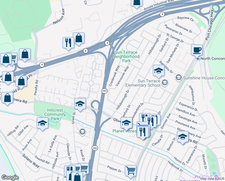 map of restaurants, bars, coffee shops, grocery stores, and more near 2213 Vancouver Way in Concord