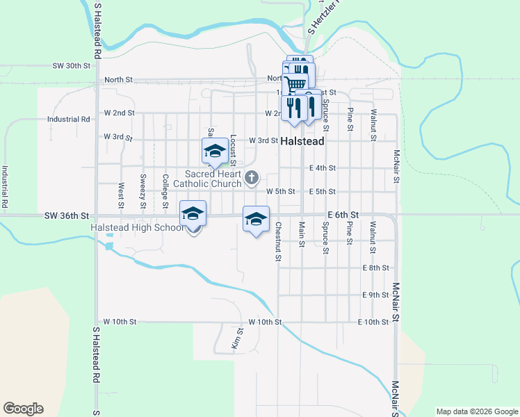 map of restaurants, bars, coffee shops, grocery stores, and more near 520 Poplar Street in Halstead