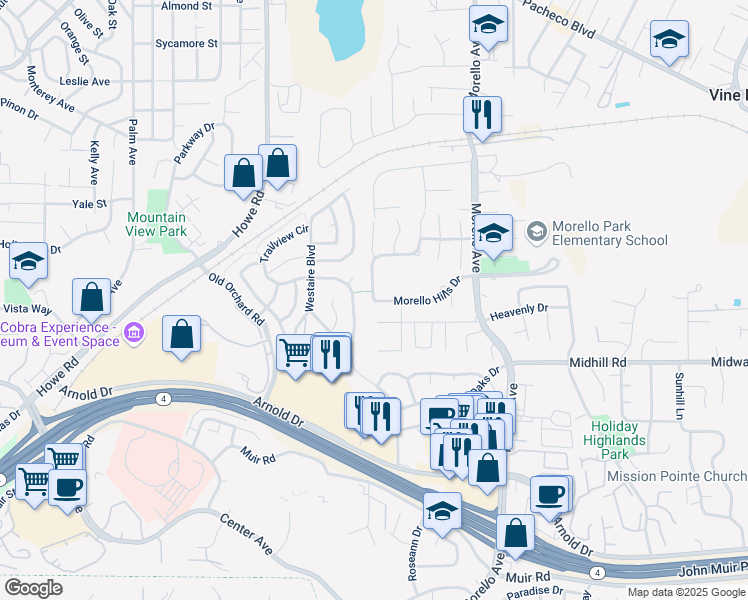 map of restaurants, bars, coffee shops, grocery stores, and more near 905 Morello Hills Drive in Martinez
