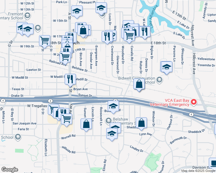 map of restaurants, bars, coffee shops, grocery stores, and more near 2301 Beasley Avenue in Antioch
