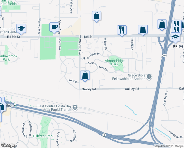 map of restaurants, bars, coffee shops, grocery stores, and more near 2832 Filbert Street in Antioch
