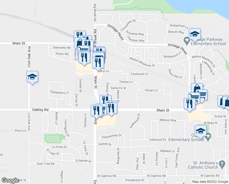 map of restaurants, bars, coffee shops, grocery stores, and more near 1834 Hamburg Street in Oakley