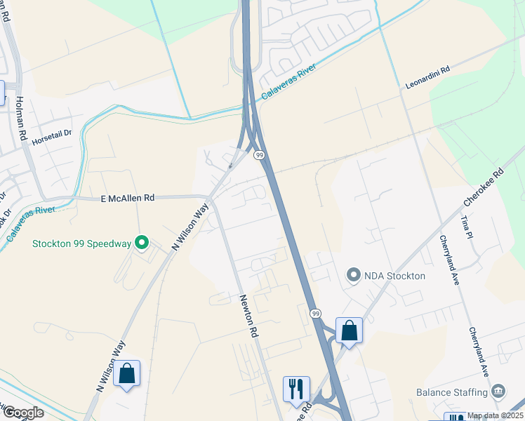 map of restaurants, bars, coffee shops, grocery stores, and more near 3635 Calaveras Avenue in Stockton