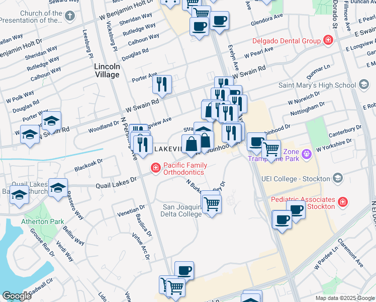 map of restaurants, bars, coffee shops, grocery stores, and more near 1151 West Robinhood Drive in Stockton