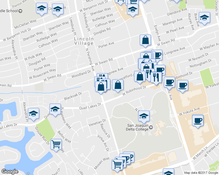map of restaurants, bars, coffee shops, grocery stores, and more near 5638 North Pershing Avenue in Stockton