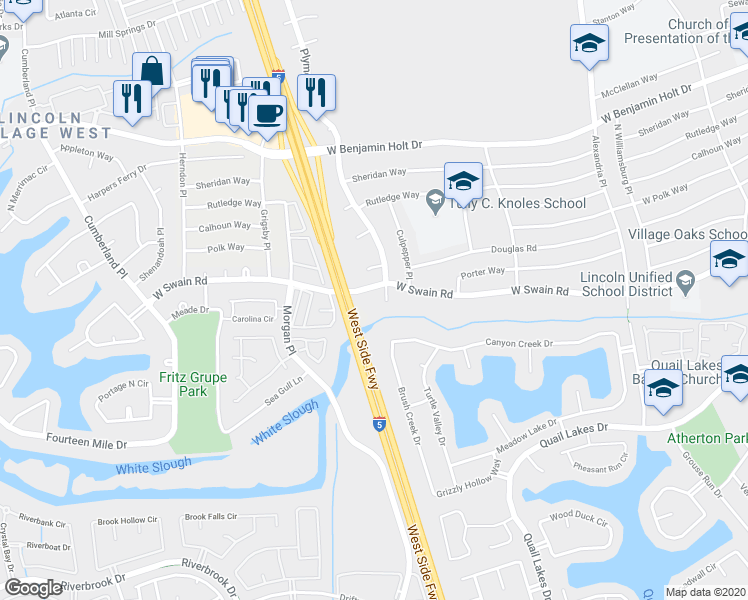 map of restaurants, bars, coffee shops, grocery stores, and more near 2934 West Swain Road in Stockton