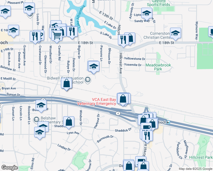 map of restaurants, bars, coffee shops, grocery stores, and more near 2274 Renwick Lane in Antioch
