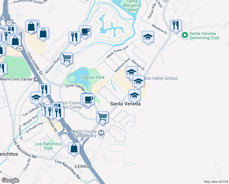map of restaurants, bars, coffee shops, grocery stores, and more near 21 Washington Avenue in San Rafael