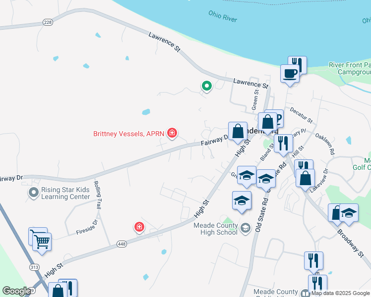 map of restaurants, bars, coffee shops, grocery stores, and more near Hillcrest Dr in Brandenburg