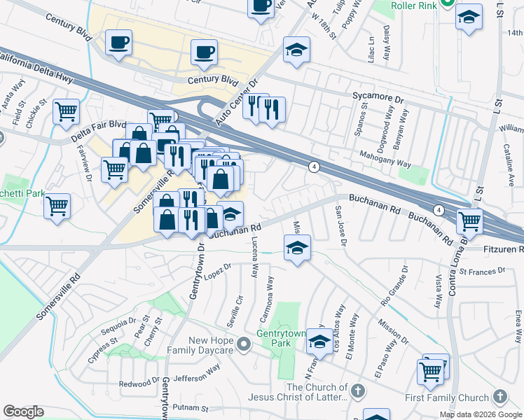 map of restaurants, bars, coffee shops, grocery stores, and more near 2508 Princeton Lane in Antioch