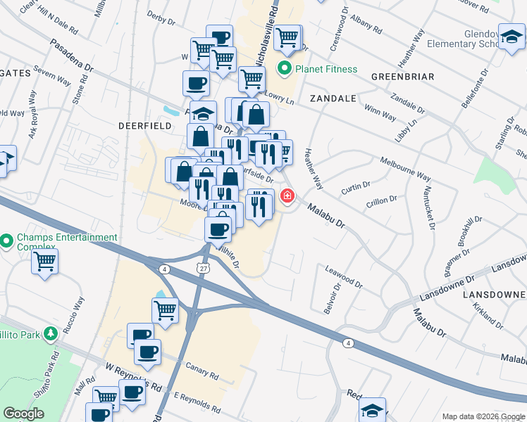 map of restaurants, bars, coffee shops, grocery stores, and more near 2536 Larkin Road in Lexington