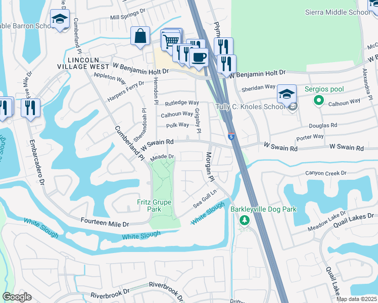 map of restaurants, bars, coffee shops, grocery stores, and more near 6071 Carolina Circle in Stockton