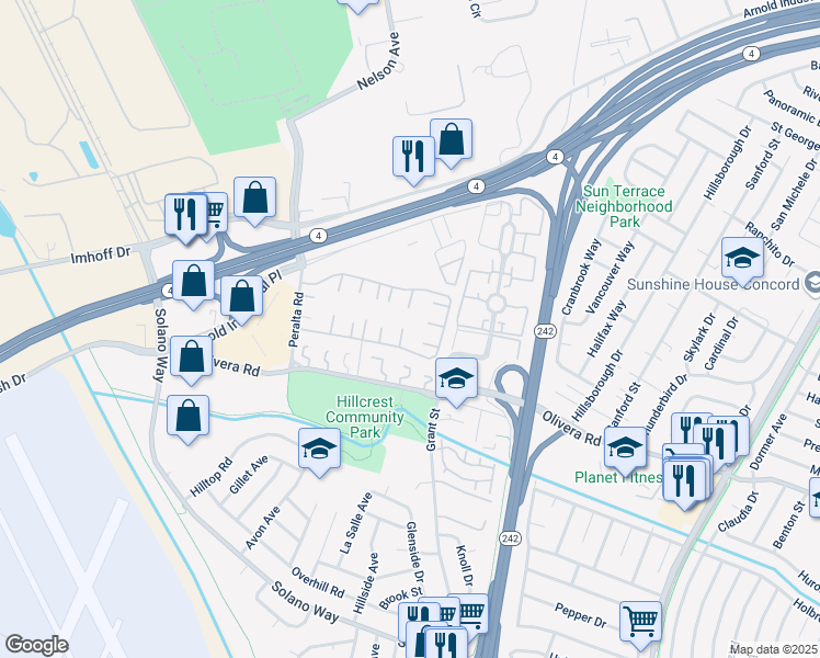 map of restaurants, bars, coffee shops, grocery stores, and more near 2113 Dalis Drive in Concord