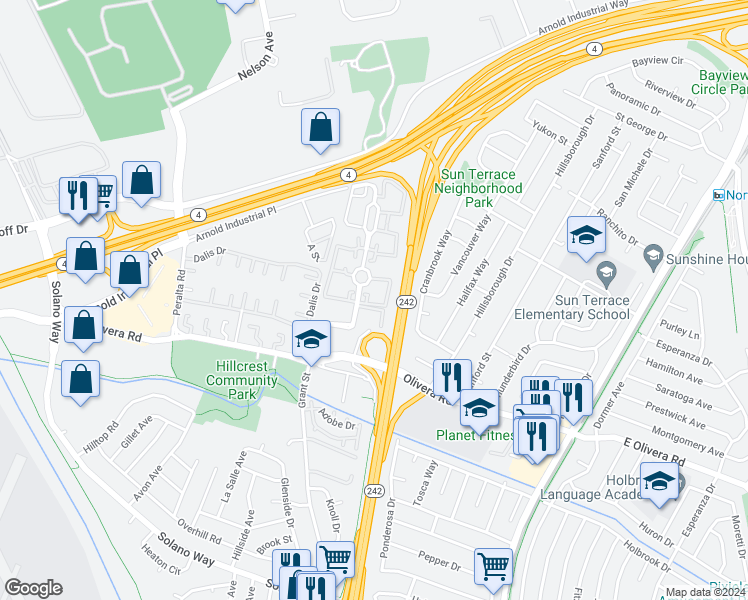 map of restaurants, bars, coffee shops, grocery stores, and more near 3325 Northwood Drive in Concord