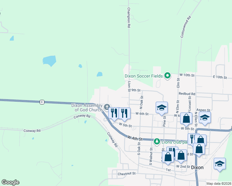 map of restaurants, bars, coffee shops, grocery stores, and more near 205 Nina Street in Dixon