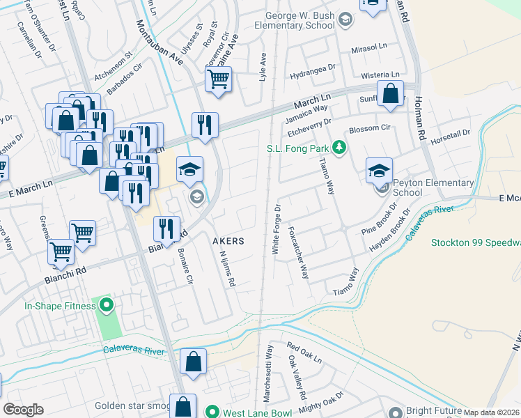 map of restaurants, bars, coffee shops, grocery stores, and more near 4717 White Forge Drive in Stockton
