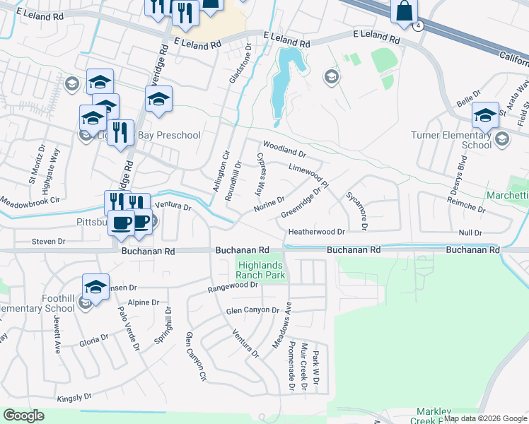 map of restaurants, bars, coffee shops, grocery stores, and more near 1568 Norine Drive in Pittsburg