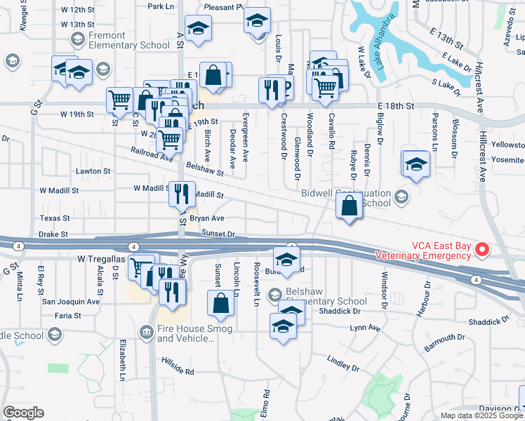 map of restaurants, bars, coffee shops, grocery stores, and more near 56 East Madill Street in Antioch