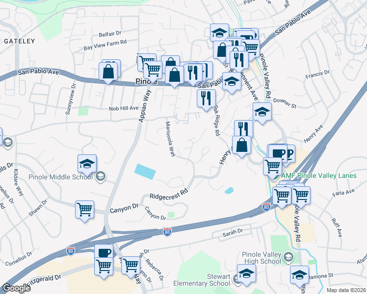 map of restaurants, bars, coffee shops, grocery stores, and more near 1816 Tesoro Court in Pinole