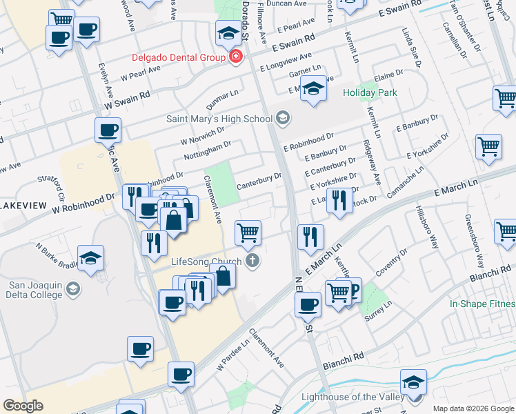 map of restaurants, bars, coffee shops, grocery stores, and more near 24 West Lancaster Drive in Stockton