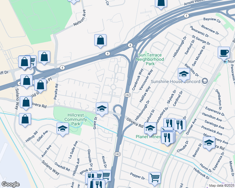 map of restaurants, bars, coffee shops, grocery stores, and more near 3325 Northwood Drive in Concord