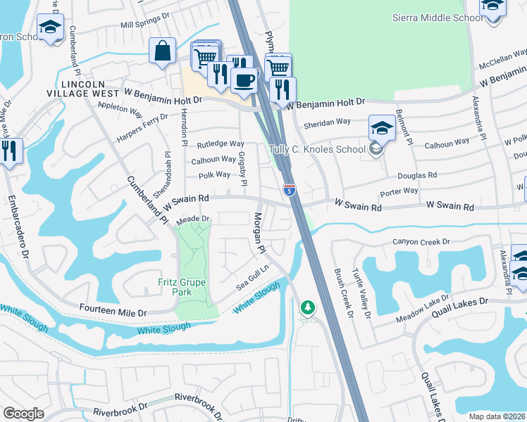map of restaurants, bars, coffee shops, grocery stores, and more near 2972 West Swain Road in Stockton