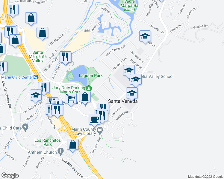 map of restaurants, bars, coffee shops, grocery stores, and more near 21 Washington Avenue in San Rafael