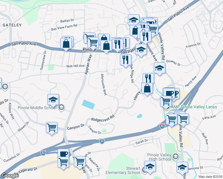 map of restaurants, bars, coffee shops, grocery stores, and more near 1816 Tesoro Court in Pinole