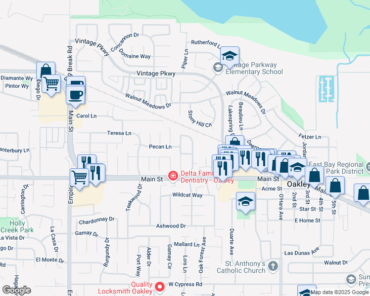 map of restaurants, bars, coffee shops, grocery stores, and more near 1500 Fontes Way in Oakley
