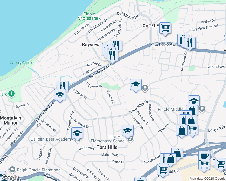 map of restaurants, bars, coffee shops, grocery stores, and more near 517 Bantry Road in Pinole