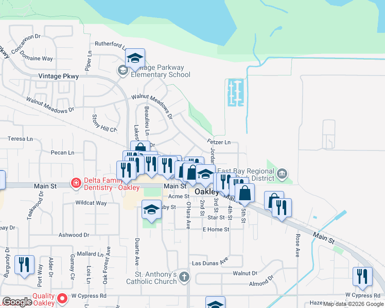 map of restaurants, bars, coffee shops, grocery stores, and more near 509 Soda Rock Place in Oakley