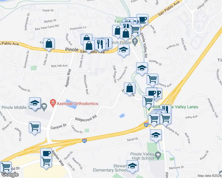 map of restaurants, bars, coffee shops, grocery stores, and more near 1531 Buckeye Court in Pinole