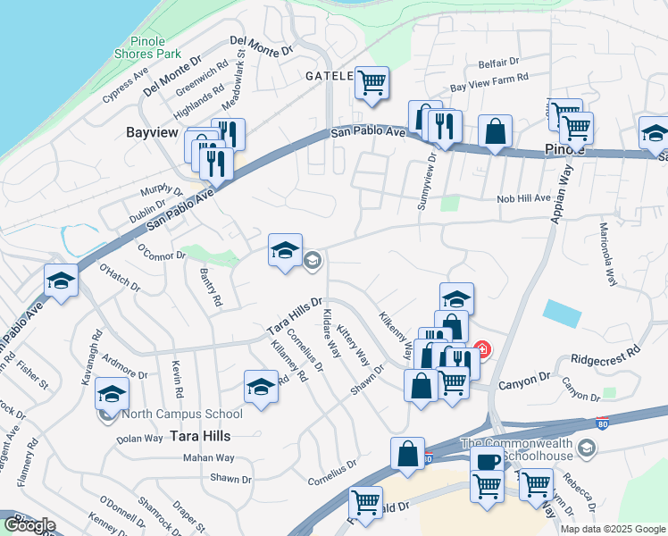 map of restaurants, bars, coffee shops, grocery stores, and more near 910 Kilkenny Way in Pinole