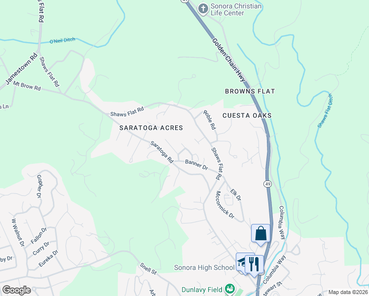 map of restaurants, bars, coffee shops, grocery stores, and more near 240 North Reservoir Road in Sonora