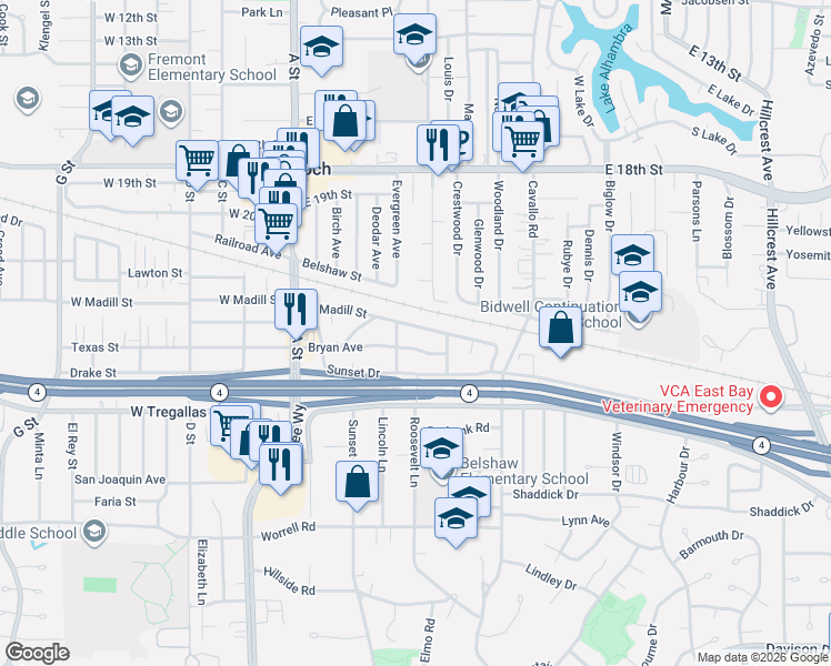 map of restaurants, bars, coffee shops, grocery stores, and more near 49 Bryan Avenue in Antioch