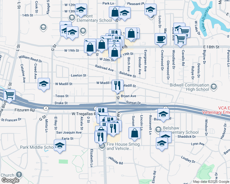 map of restaurants, bars, coffee shops, grocery stores, and more near 2414 A Street in Antioch
