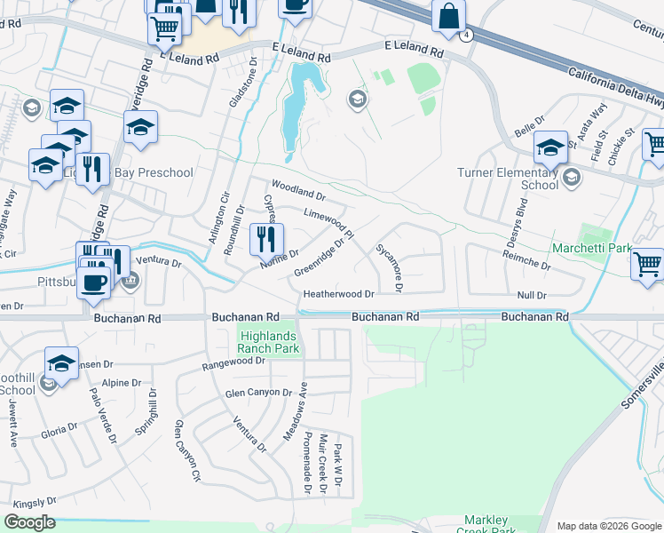 map of restaurants, bars, coffee shops, grocery stores, and more near 10 Heatherwood Court in Pittsburg
