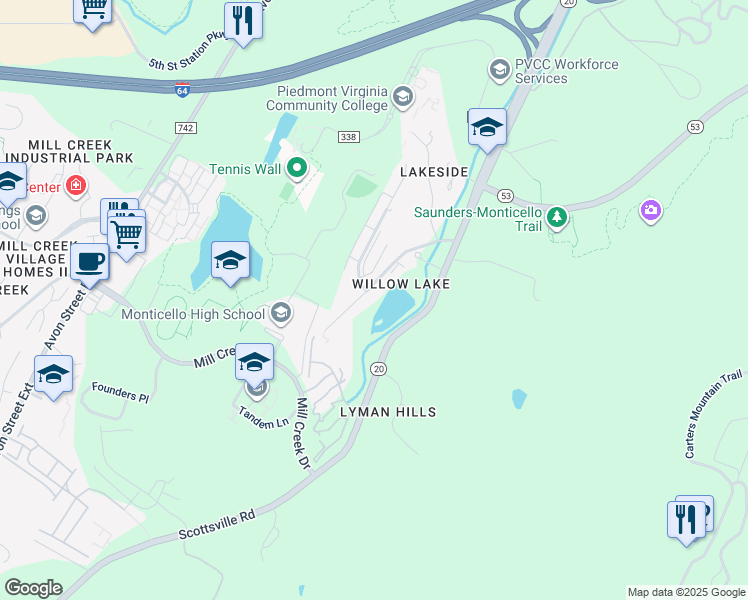 map of restaurants, bars, coffee shops, grocery stores, and more near 1399 Willow Lake Drive in Charlottesville