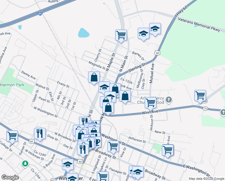 map of restaurants, bars, coffee shops, grocery stores, and more near North Main Street in Winchester