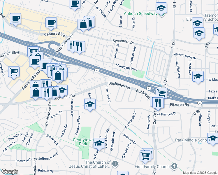 map of restaurants, bars, coffee shops, grocery stores, and more near 1746 San Jose Drive in Antioch