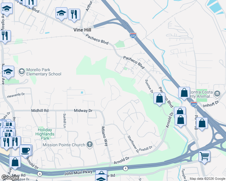 map of restaurants, bars, coffee shops, grocery stores, and more near 2353 Banbury Loop in Martinez
