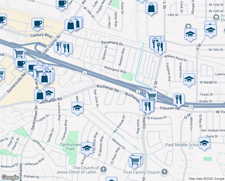map of restaurants, bars, coffee shops, grocery stores, and more near 2700 Entrada Circle in Antioch